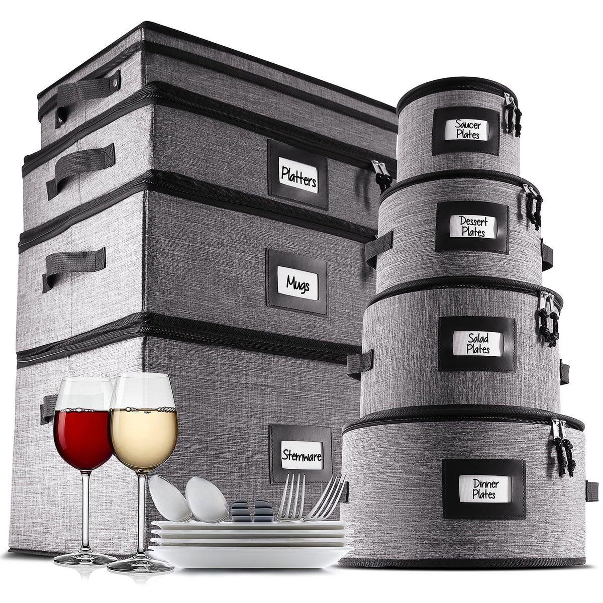 StorageBud Dinnerware Storage Container Set for Plate, Cup, Flatware, Stemware, & Platter Sets- Gray ( 8pc)