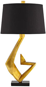 Possini Euro Design Zeus Mid Century Modern Glam Luxury Table Lamp 28.5 Tall Sculptural Gold Leaf Metal Black Fabric Tapered Drum Shade Decor for Living Room Bedroom House Bedside Nightstand Home