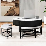 Linique Modern Round Lift-Top Coffee Table with Storage and 3 Ottoman, White + Black