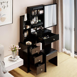 CIATRE Small Space Left Bedside Cabinet Vanity Table + Cushioned Stool, Extra Large Right sliding mirror, Multi Layer High Capacity Storage, Practical Fashionable Dresser, Black