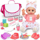 Baby Doll Toys Set, 14 Doll Toys, 25Pcs Dolls Care Toy Playset, Toddlers Toy Doll Set Incl Cradle Crib, High Chair, Milk Bottle, Pacifier, Diaper, Baby Gift for Age 3 4 5 6+ Years Old Girls Boys