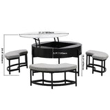 Linique Modern Round Lift-Top Coffee Table with Storage and 3 Ottoman, White + Black