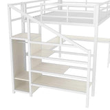SOFTSEA Queen Size Metal Loft Bed with L-Shaped Desk and Wardrobe, Metal Bed Frame with USB and Adjustable Shelf, High Loft Bed with LED for Bedroom, No Box Spring Needed, White Wood Grain