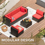 Devoko Patio Furniture Sets 6 Pieces Outdoor Sectional Rattan Sofa Manual Weaving Wicker Patio Conversation Set with Glass Table and Cushion (Beige)