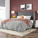 Allewie Queen Size Velvet Bed Frame/Vertical Channel Tufted Wingback Headboard/Upholstered Platform Bed/Strong Wooden Slats/No Box Spring Needed/Easy Assembly/Black